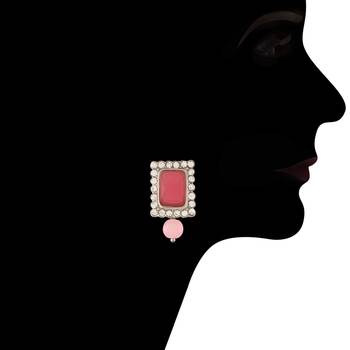 Rhodium Plated Pink Stone Studded Pearl Choker Necklace Jewellery Set With Earrings For Women 3