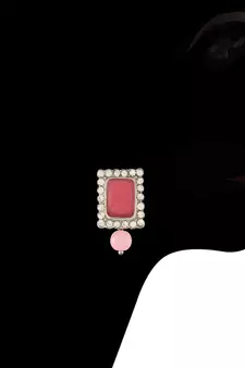 Rhodium Plated Pink Stone Studded Pearl Choker Necklace Jewellery Set With Earrings For Women