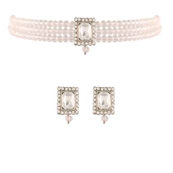 Rhodium Plated Crystal Stone Beaded Choker Necklace Jewellery Set With Earrings 1
