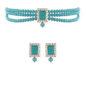 Rhodium Plated Crystal Stone Beaded Choker Necklace Jewellery Set With Earrings 1