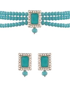 Rhodium Plated Crystal Stone Beaded Choker Necklace Jewellery Set With Earrings