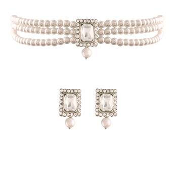 Rhodium Plated Stone & Pearl Beaded Choker Set With Earrings For Women 1
