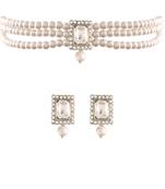 Rhodium Plated Stone & Pearl Beaded Choker Set With Earrings For Women