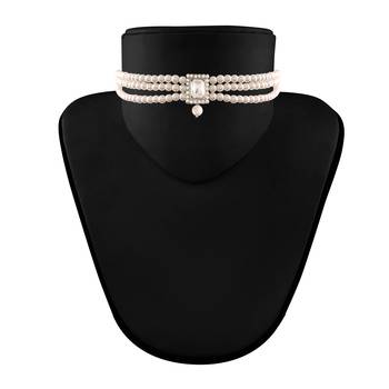 Rhodium Plated Stone & Pearl Beaded Choker Set With Earrings For Women 2