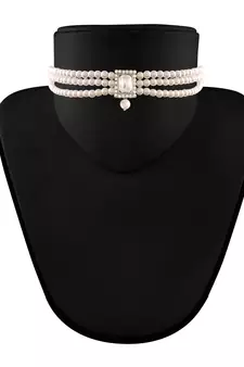 Rhodium Plated Stone & Pearl Beaded Choker Set With Earrings For Women