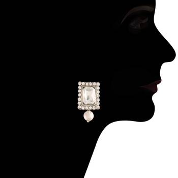 Rhodium Plated Stone & Pearl Beaded Choker Set With Earrings For Women 3