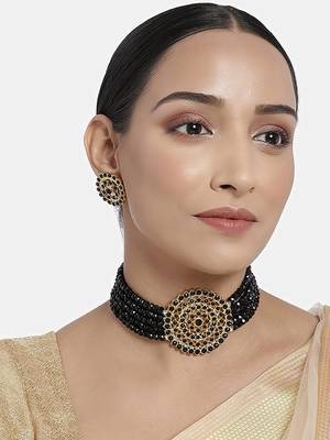 18K Gold Plated Traditional Light Weight Crystal Stone Beaded Choker Necklace Jewellery Set Glided With Moti Work 1