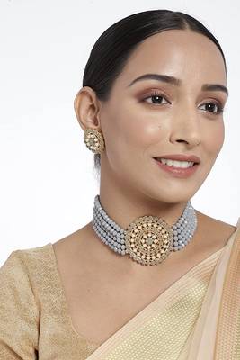 Traditional Light Weight Crystal Stone Beaded Choker Necklace Jewellery Set Glided With Moti Work 1