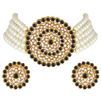 Traditional Light Weight Pearl Beaded Choker Necklace Jewellery Set Glided With Moti Work 3