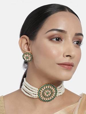 Traditional Light Weight Pearl Beaded Choker Necklace Jewellery Set Glided With Moti Work 2