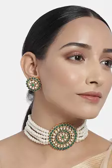 Traditional Light Weight Pearl Beaded Choker Necklace Jewellery Set Glided With Moti Work