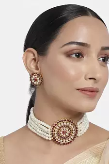 Traditional Light Weight Pearl Beaded Choker Necklace Jewellery Set Glided With Moti Work