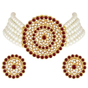 Traditional Light Weight Pearl Beaded Choker Necklace Jewellery Set Glided With Moti Work 3
