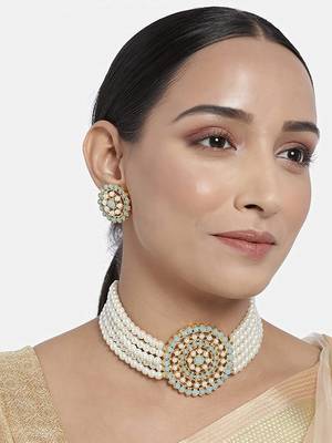 Traditional Light Weight Pearl Beaded Choker Necklace Jewellery Set Glided With Moti Work 1