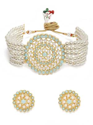 Traditional Light Weight Pearl Beaded Choker Necklace Jewellery Set Glided With Moti Work 2