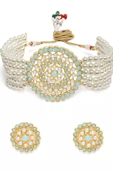 Traditional Light Weight Pearl Beaded Choker Necklace Jewellery Set Glided With Moti Work