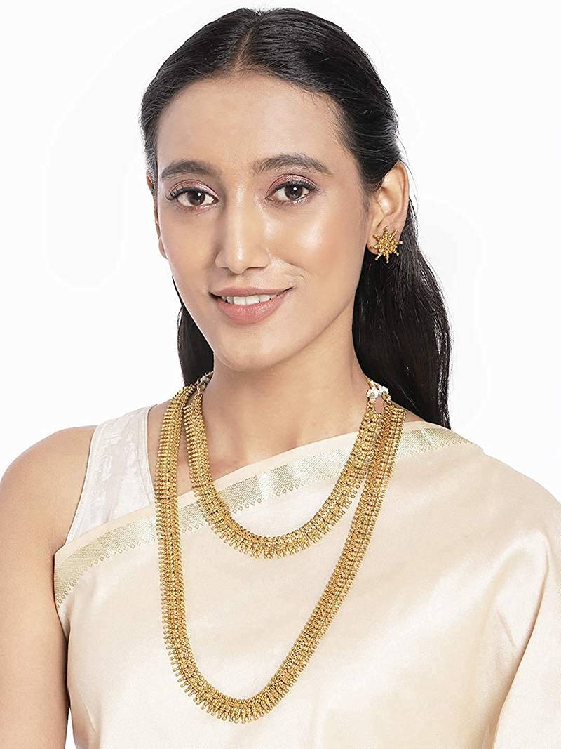 18K Gold Plated Traditional South Indian Stylish Golden Leaf Work Necklace With Earrings For Women & Girls