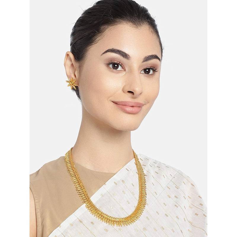 Traditional South Indian Stylish Golden Leaf work Necklace With Earrings For Women & Girls