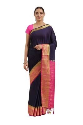 Navy blue woven crepe saree with blouse 1