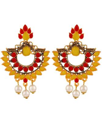 Multicolor Kundan Studded Gold toned Dangle Earrings with Pearl Drop for Women 1