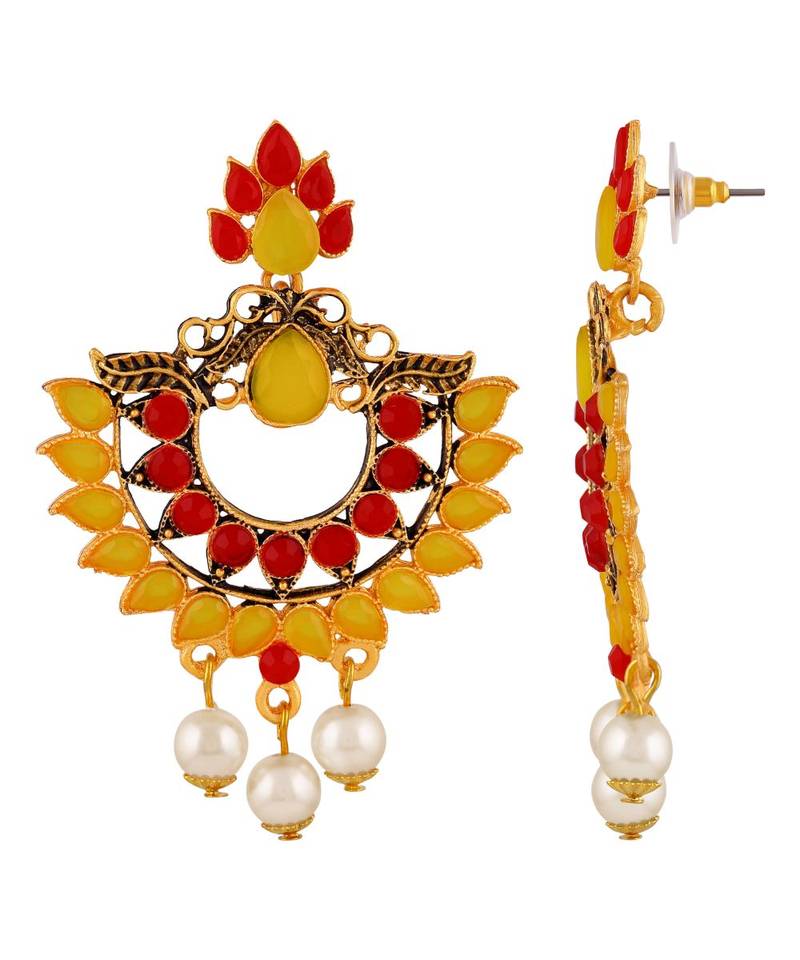 Multicolor Kundan Studded Gold toned Dangle Earrings with Pearl Drop for Women