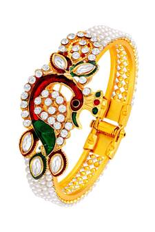 Peacock Inspired Kundan Pearl Studded Gold toned Openable American Diamond Kada For Women