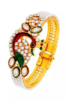 Peacock Inspired Kundan Pearl Studded Gold toned Openable American Diamond Kada For Women