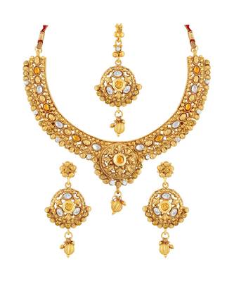 Traditional designer Gold toned Choker StyleNecklace Set with Mangtikka For Women 1