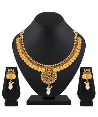 Traditional Laxmi Coin Gold toned Choker Necklace Set For Women 3