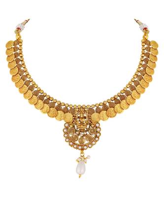 Traditional Laxmi Coin Gold toned Choker Necklace Set For Women 4