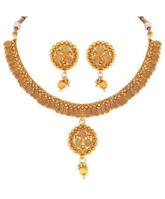Traditional Gold toned Choker Copper Necklace Set For Women 1