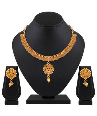 Traditional Gold toned Choker Copper Necklace Set For Women 2