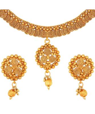 Traditional Gold toned Choker Copper Necklace Set For Women 4