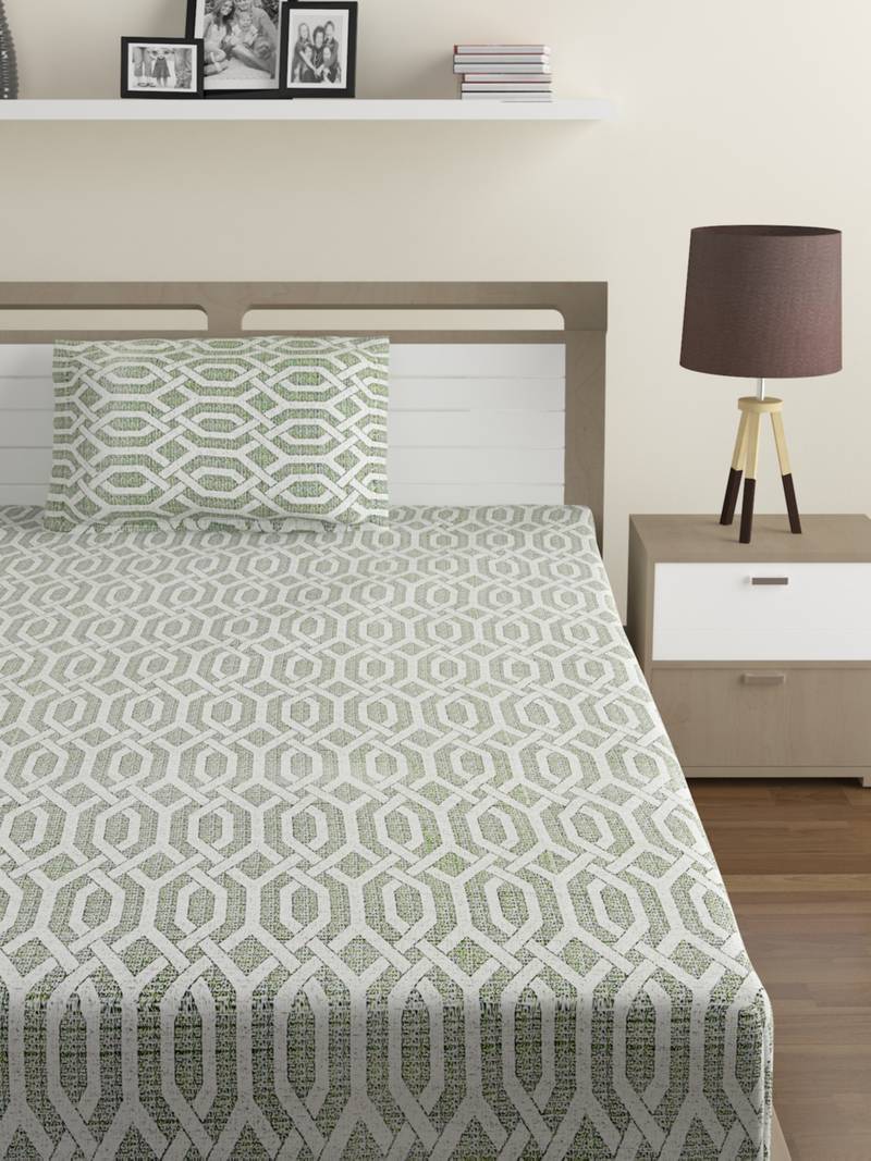 Cotton Blend 120 TC Geometric Single Bed Sheet with 1 Pillow Cover  Sea Green Off White