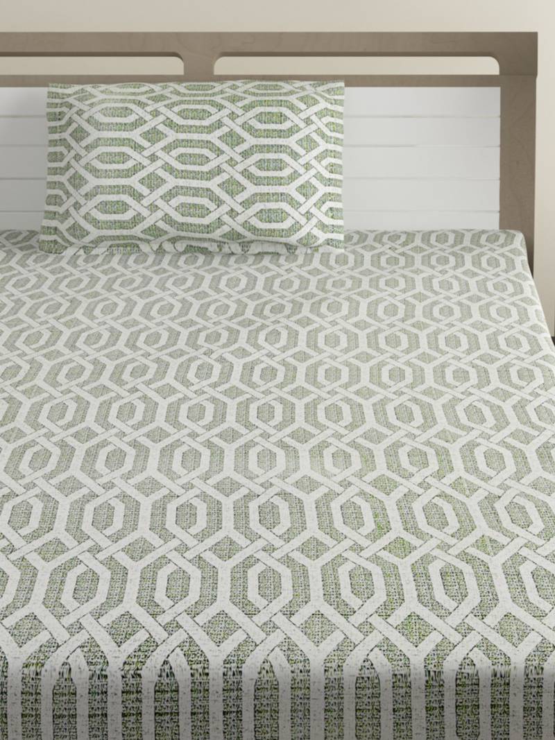 Cotton Blend 120 TC Geometric Single Bed Sheet with 1 Pillow Cover  Sea Green Off White