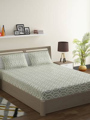 Cotton Blend 120 TC Geometric Fitted Double Bed Sheet with 2 Pillow Covers  Sea Green Off White 1