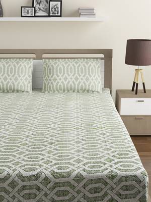 Cotton Blend 120 TC Geometric Fitted Double Bed Sheet with 2 Pillow Covers  Sea Green Off White 2