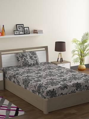 Cotton Blend 120 TC Floral Single Bed Sheet with 1 Pillow Cover  Beige Black 1