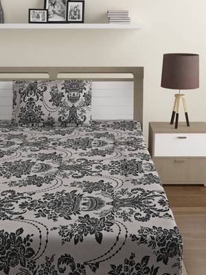 Cotton Blend 120 TC Floral Single Bed Sheet with 1 Pillow Cover  Beige Black 2