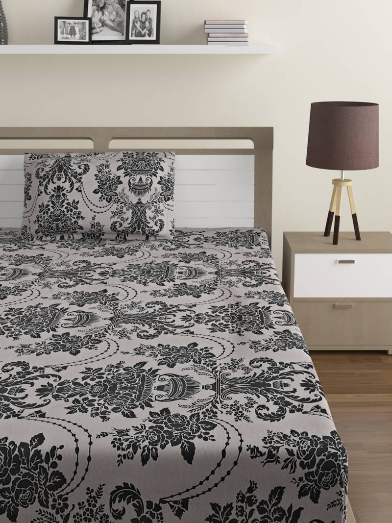 Cotton Blend 120 TC Floral Single Bed Sheet with 1 Pillow Cover  Beige Black