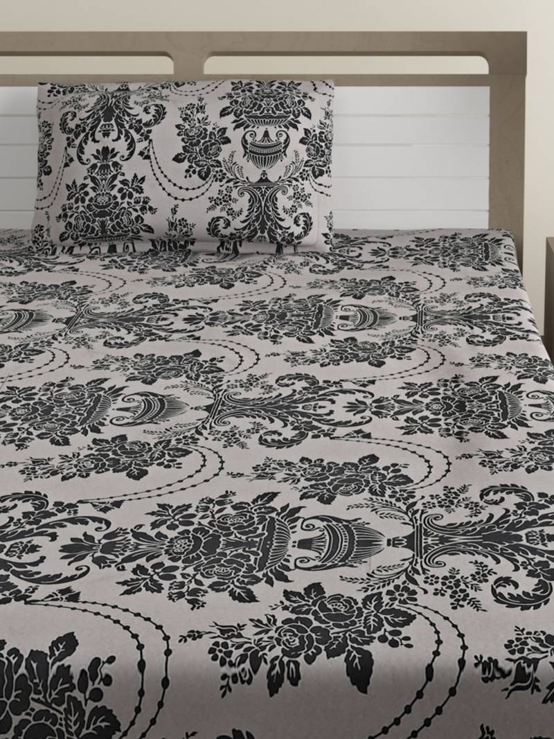 Cotton Blend 120 TC Floral Single Bed Sheet with 1 Pillow Cover  Beige Black