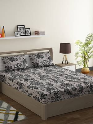 Cotton Blend 120 TC Floral Fitted Double Bed Sheet with 2 Pillow Covers  Beige Black 1