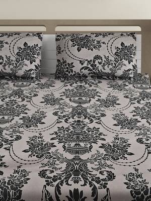 Cotton Blend 120 TC Floral Fitted Double Bed Sheet with 2 Pillow Covers  Beige Black 3