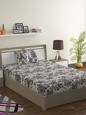 Cotton Blend 120 TC Floral Single Bed Sheet with 1 Pillow Cover  Brown Off White 1
