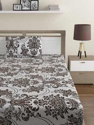 Cotton Blend 120 TC Floral Single Bed Sheet with 1 Pillow Cover  Brown Off White 2