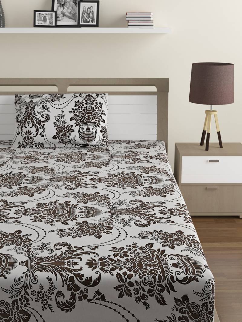 Cotton Blend 120 TC Floral Single Bed Sheet with 1 Pillow Cover  Brown Off White