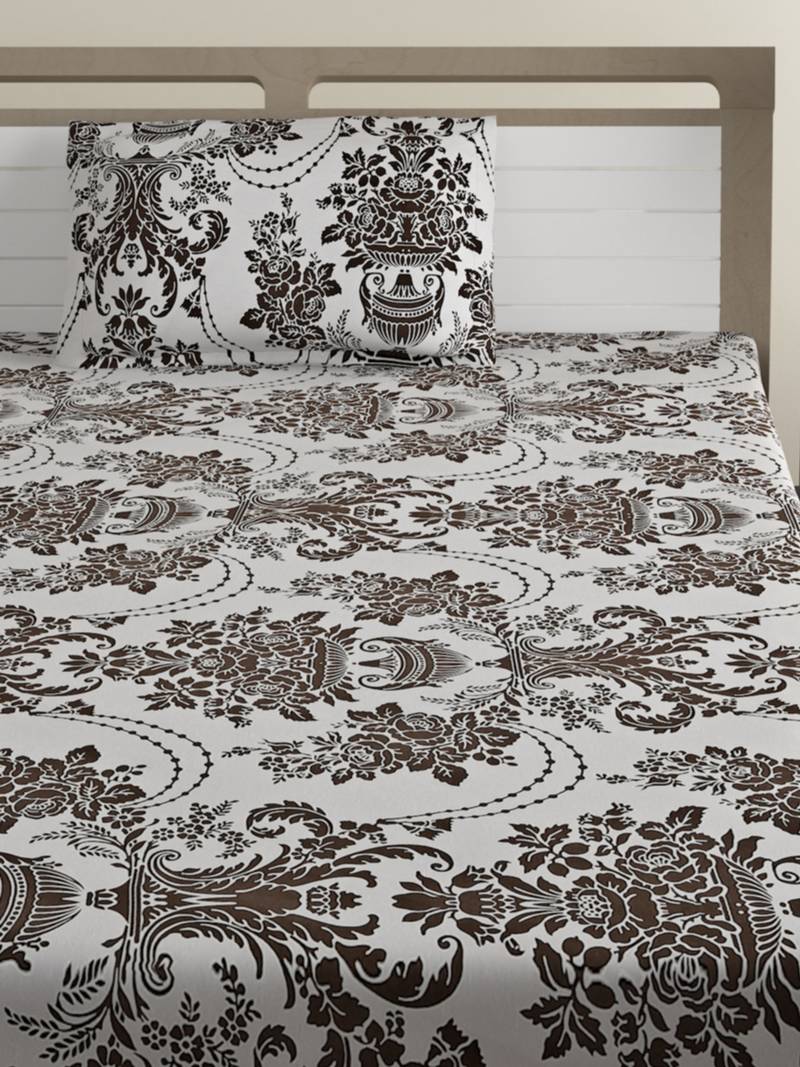 Cotton Blend 120 TC Floral Single Bed Sheet with 1 Pillow Cover  Brown Off White