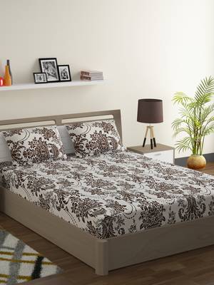 Cotton Blend 120 TC Floral Double Bed Sheet with 2 Pillow Covers  Brown Off White 1