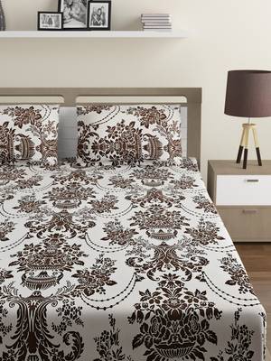 Cotton Blend 120 TC Floral Double Bed Sheet with 2 Pillow Covers  Brown Off White 2