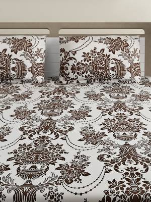 Cotton Blend 120 TC Floral Double Bed Sheet with 2 Pillow Covers  Brown Off White 3